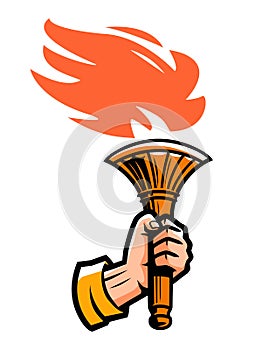 Burning torch with fire in hand. Lighting flame, light emblem. Sports mascot symbol. Vector illustration isolated