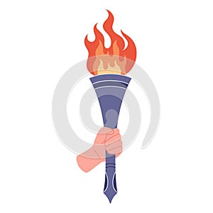 Burning torch with flame in hand. Symbol of competition victory, champion. Vector illustration in flat style