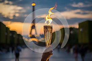 Burning torch in a hand of athlete as a symbol of the Olympic Games in Paris, France, Eiffel tower on background. Olympic games