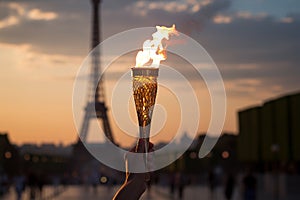 Burning torch in a hand of athlete as a symbol of the Olympic Games in Paris, France, Eiffel tower on background. Olympic games