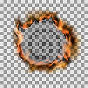 Burning torn hole in paper sheet. Vector illustration on transparent background