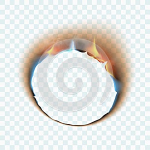 Burning torn hole in ripped paper with burnt and flame on transparent background. Vector illustration