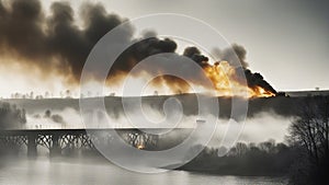 A burning train on fire, exploding, that crosses a exploding bridge being blown up, over a river