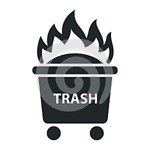 Burning trash icon in a bin on wheels.