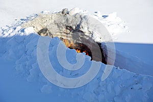 Burning trash in the snow. A place for incineration of household waste in the garden. Disposal of trash through incineration.