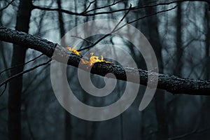 Burning tree branch in dark forest