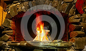 A burning tree in a brick home fireplace, a flame on a dark background