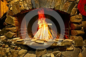 A burning tree in a brick home fireplace, a flame on a dark background