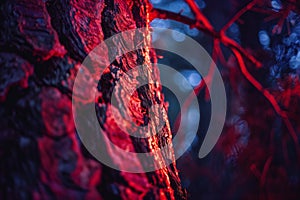 Burning tree in the forest, close-up of a red fire