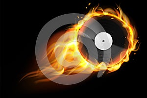 Burning vinyl record. Realistic analog audio disc with fire trace. Retro musical album. Disco party background. DJ music