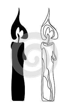 Burning wax candle line drawin, silhouette line on a white background, isolated vector illustration. Candle silhouette