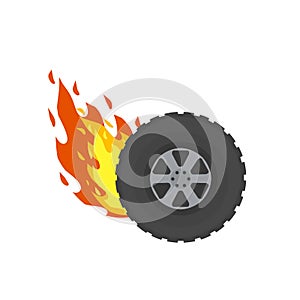 Burning wheel of car. Flames on tire. Symbol of speed and racing. Technical problems and accident. Fire on road