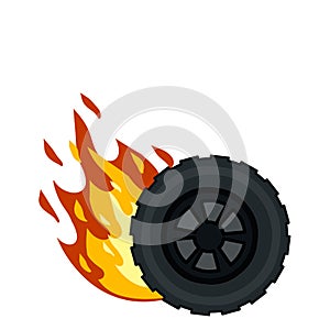 Burning wheel of car. Flames on tire. Technical problems
