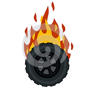 Burning wheel of car. Flames on tire. Technical problems and accident