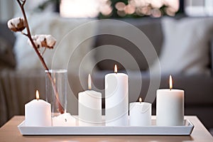 Burning white candles on table at cozy home