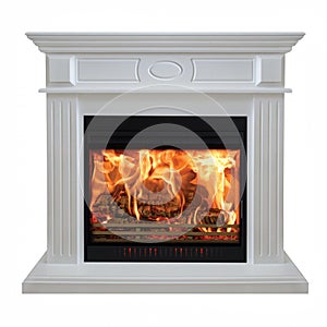 Burning white fireplace isolated on white background