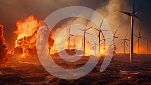 Burning wind turbines in the field. Environmental disaster. 3D rendering, View of a wind farm with turbines on fire, concept of