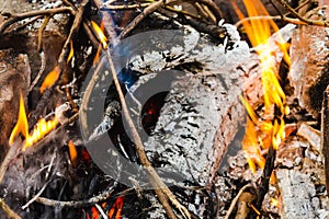 Burning wood fire, coals and smoke.