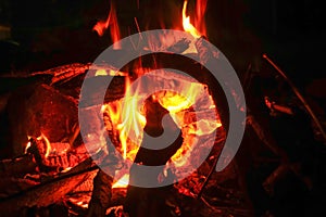 Burning wood fire in fireplace