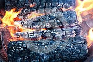 Burning wood in a firebox. Firewood turns to coal