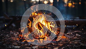Burning wood ignites campfire, glowing ember lights dark night generated by AI