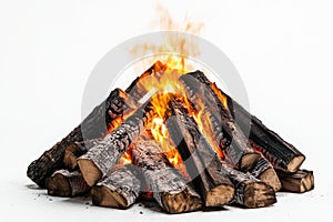 Burning wood logs bonfire flames fire isolated on a white background