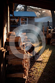 Burning Wood Stack in a Sunny Backyard