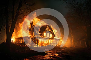 Burning wooden building at night, single family detached home completely destroyed by fire. House in flames and smoke. Concept of