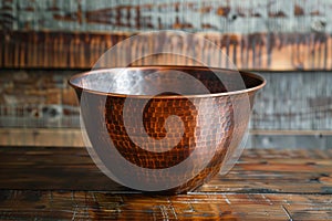 Burnished copper bowl atop warm wood table, Burnished copper with a warm, reddish hue and natural patina photo