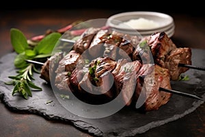 burnished grilled lamb kebabs on rustic stone surface