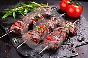 burnished grilled lamb kebabs on rustic stone surface