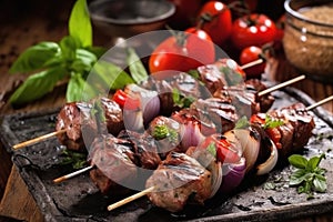 burnished grilled lamb kebabs on rustic stone surface