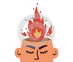 Burnout, anger, burning brain concept with human head and fire flame from above