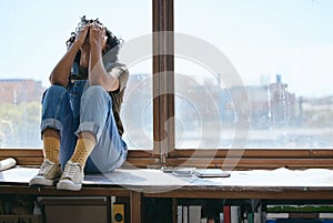 Burnout, anxiety and fatigue creative student frustrated lack of inspiration, studying or learning problem in university