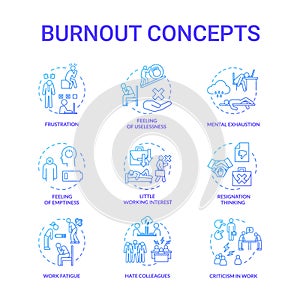 Burnout blue concept icons set. Feeling of emptiness. Work fatigue. Mental exhaustion. Little working interest