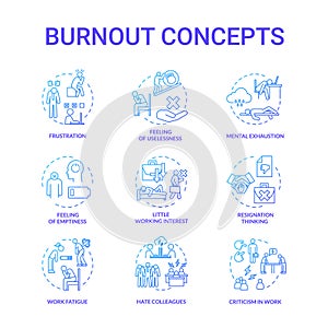 Burnout blue concept icons set. Feeling of emptiness. Work fatigue. Mental exhaustion. Little working interest photo