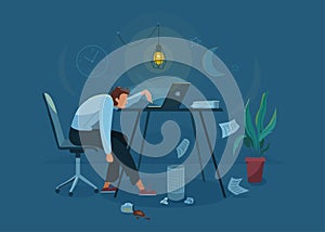 Burnout concept vector background. Tired man sitting on an office chair and trying work at the computer. Nighttime photo