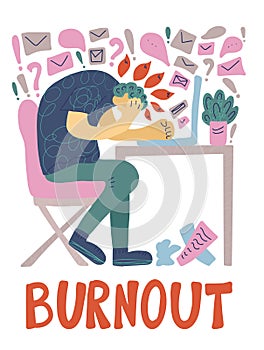 Burnout concept. Vector person at the table.