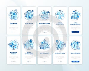 Burnout onboarding mobile app page screen with concepts. Problems at work. Health issue. Overworked walkthrough 5 steps