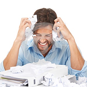 Burnout, stress and businessman with crumpled paper for brainstorming, thinking of bad ideas and strategy. Corporate