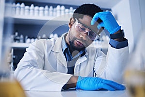 Burnout, stress and scientist black man with a headache during medical research in a lab or laboratory frustrated and