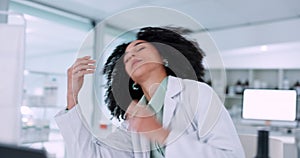 Burnout, tired and woman doctor with headache at computer sleeping on desk and frustrated from brain fog, fail or