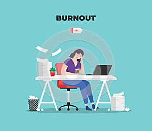 Burnout woman. Professional burnout syndrome. Stress. Exhausted tired woman. Vector