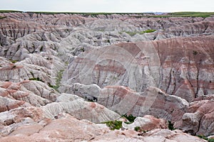 Burns Basin Overlook in Badland national park during summer. From grassland to valley. Badland landscape South Dakota