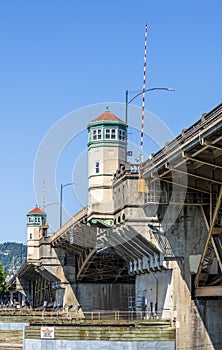 Burnside buscle Bridge with towers in Portland Down Town