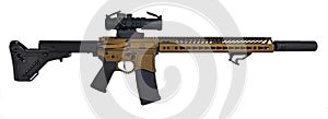 Burnt Bronze AR15 with suppresor and 30rd mag