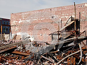 Burnt building and rubble