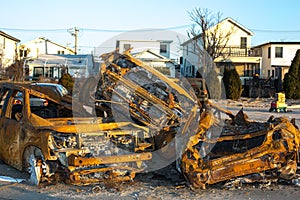 Burnt car pileup from Hurricane Sandy