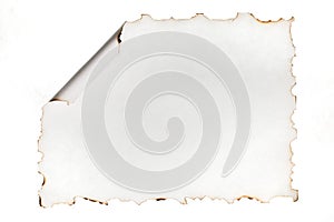 Burnt edges of paper with curled edge, isolated on white. Use as a frame