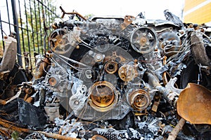 Burnt exploded car. Consequences of disaster or terrorist attack
